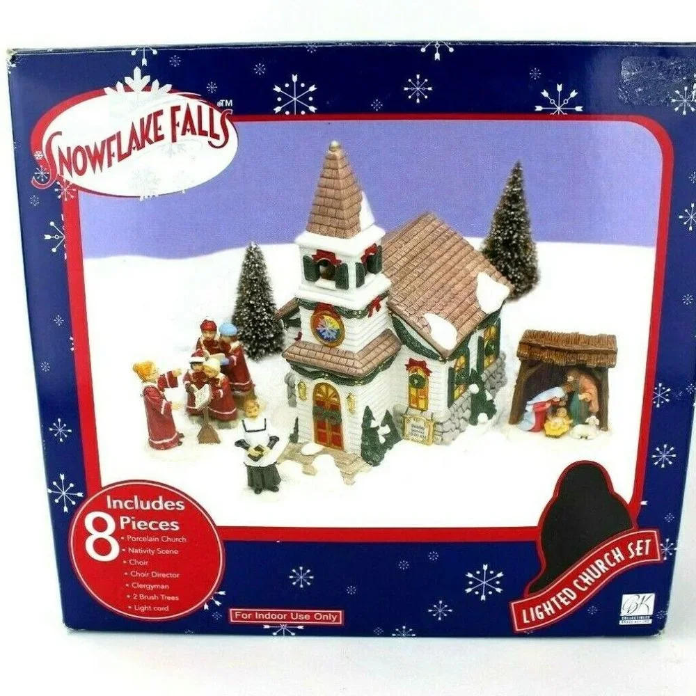Snowflake Falls 8 Piece Lighted Church Nativity Set Limited Edition 2002 NEW